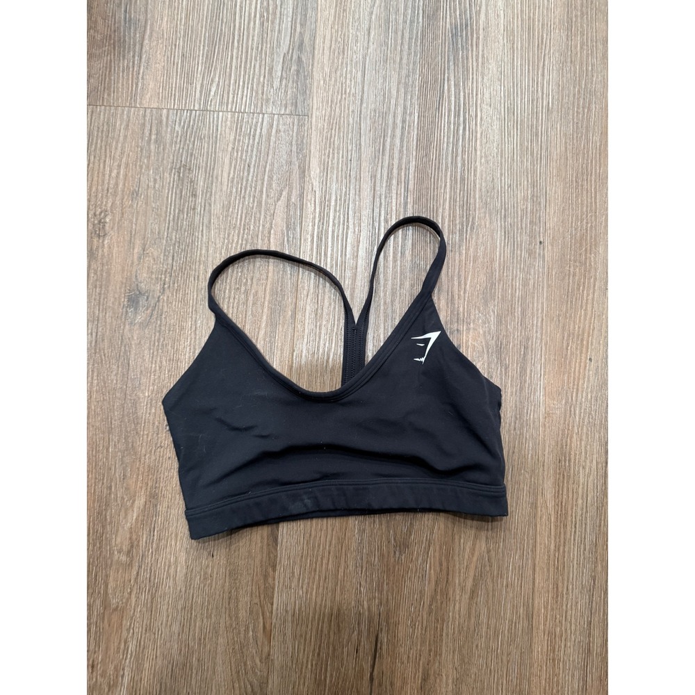 Gymshark Womens Black‎ V Neck T Back Strappy Sports Bra Activewear Logo 3556